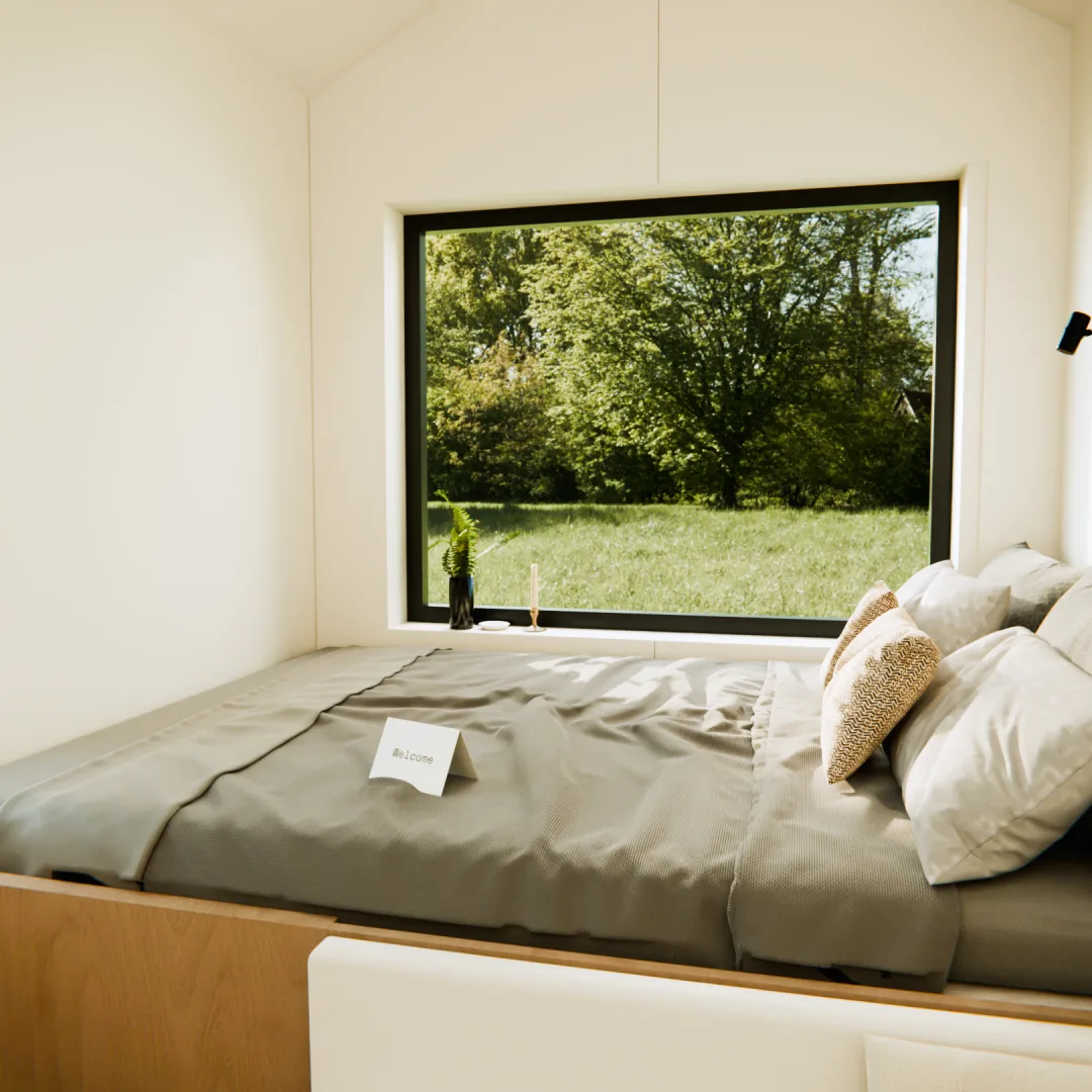 Your guest house: the included painted walls, with the in-built bed add-on under the picture window (visualisation)