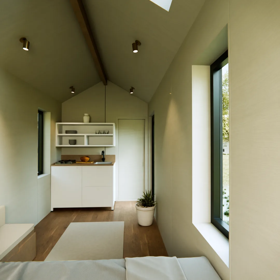 Your home: stained birch walls and an oak floor (upgrades), with the kitchenette, bathroom, bed and couch add-ons (visualisation)