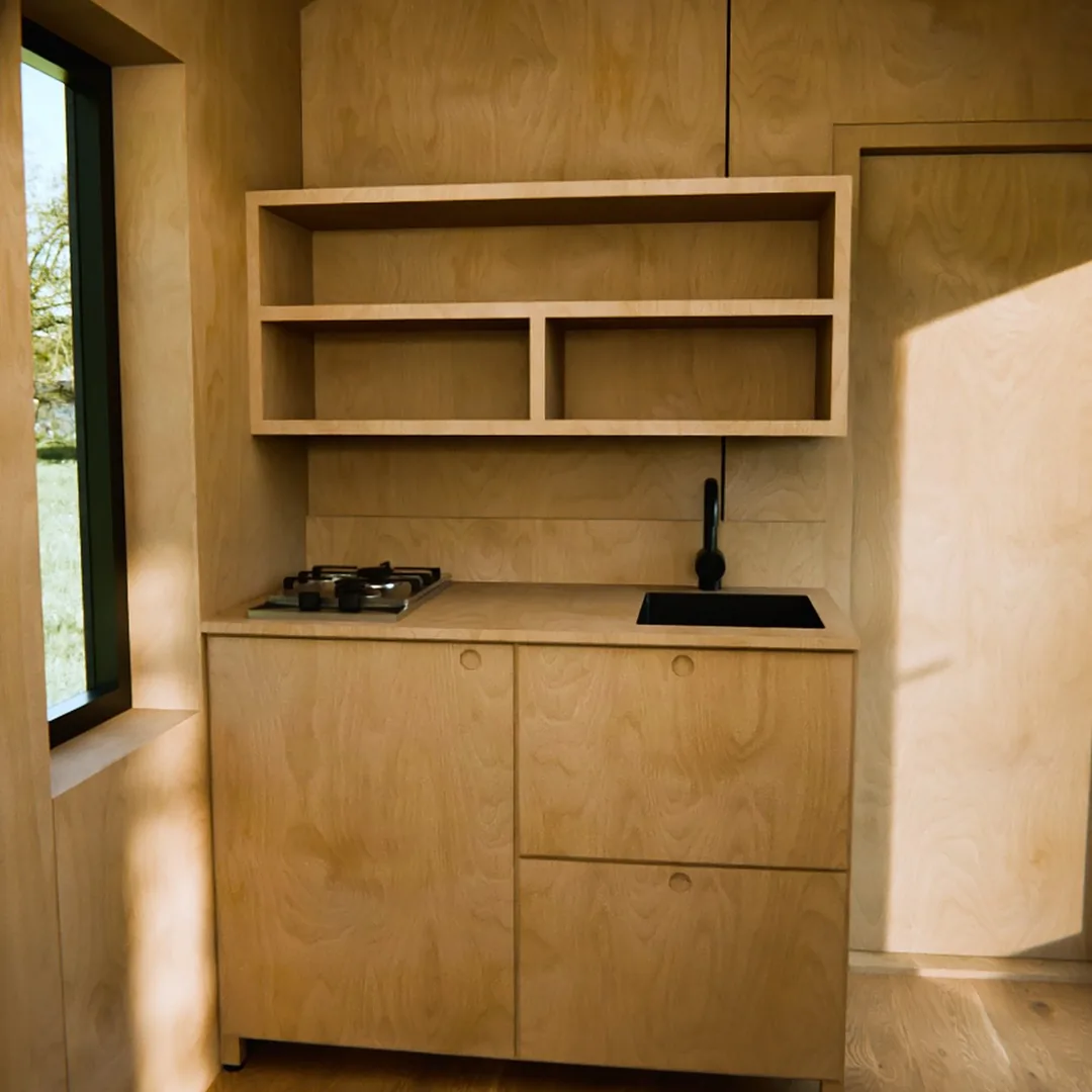 The kitchenette add-on, shown with birch fronts and a hob, both upgrades (visualisation)