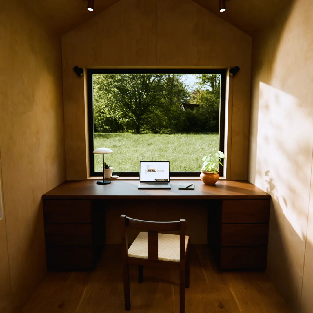 Your office: birch plywood walls (an upgrade) and an oak floor; the desk and chair are not included (visualisation)