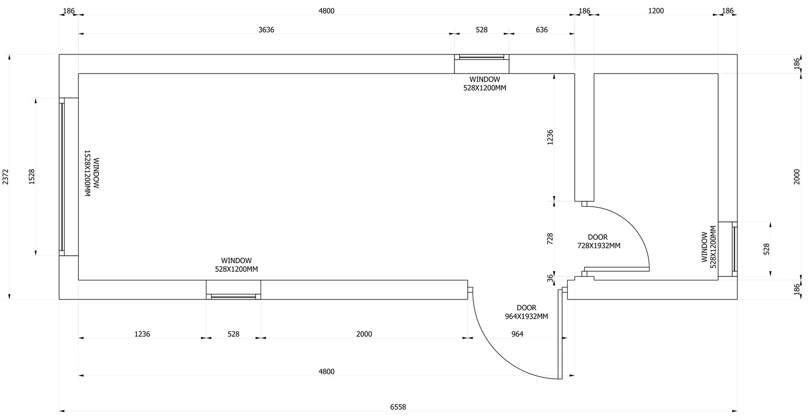Stack Go floor plan: the main room with a picture window at one end, and the bathroom add-on behind a 728 mm door