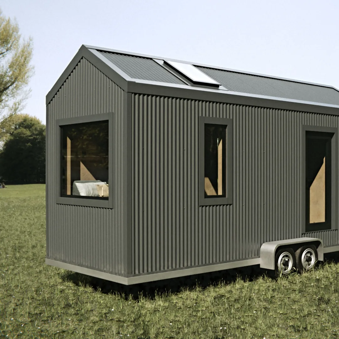 The Stack Go in coastal-grade corrugated steel, the included cladding, shown with the road trailer and skylight options (visualisation)